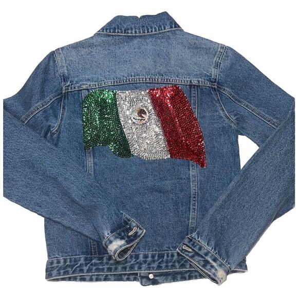 Hija De Tu Made Denim Jacket Women’s Size XS Blue Sequin Mexican Flag Distressed - Picture 1 of 16